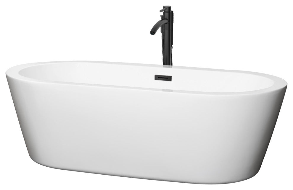 71" Freestanding Bathtub, White, Floor Mounted Faucet, Drain, Trim, Black