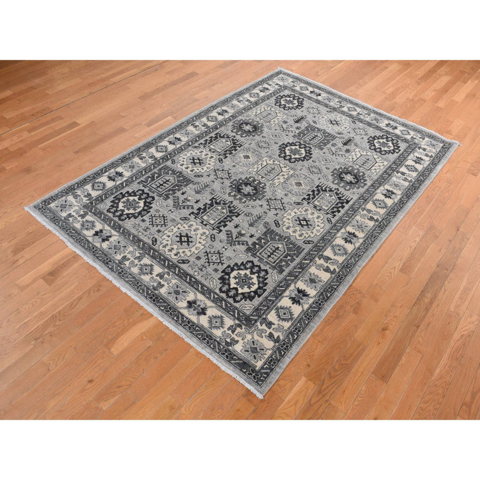 Medium Gray Pure Wool Hand Knotted Peshawar With Karajeh Design Rug 6'2"x9'2"