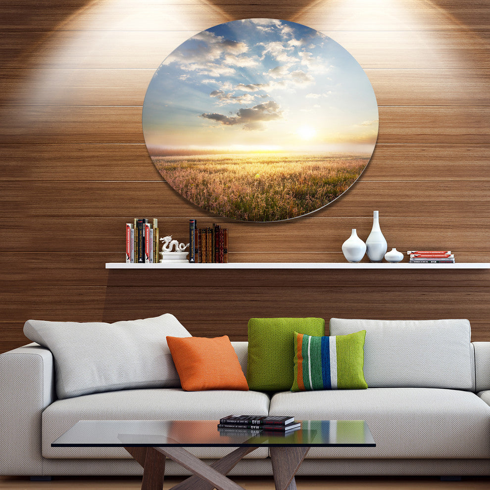 Mountain Meadow Under Overcast Sky, Landscape Disc Metal Artwork, 36"