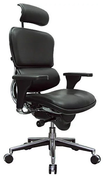 Modern Office Chair, Plush Leather Seat With Lumbar Support & Headrest, Black