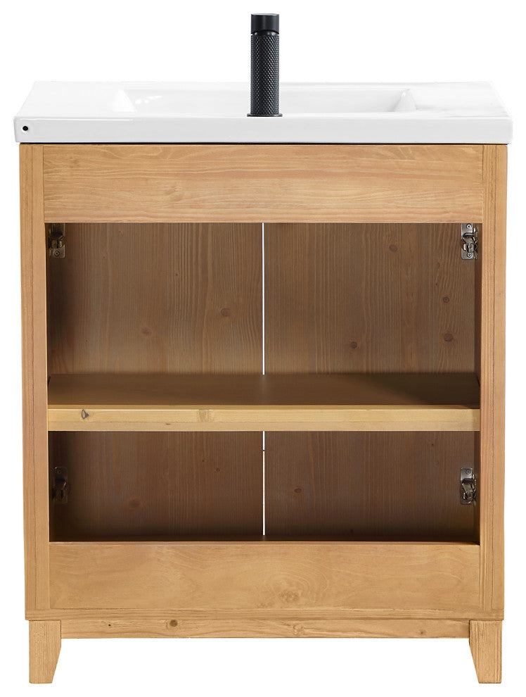 Palos Bathroom Vanity, Fir Wood Brown, 30", Ceramic Top, No Mirror