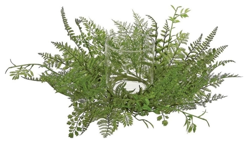 17" Decorative Artificial Mixed Green Fern Hurricane Glass Candle Holder