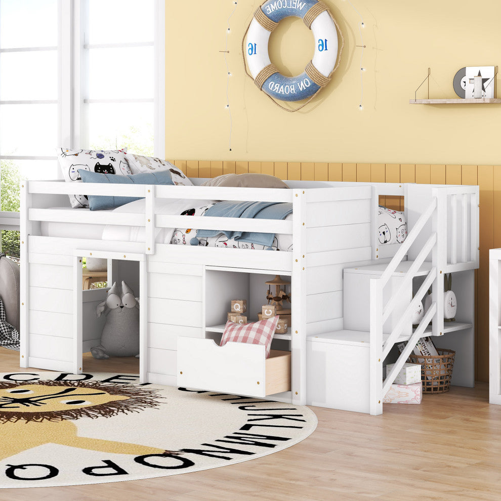 Gewnee SOLID WOOD TWIN SIZE LOW LOFT BED WITH STAIR