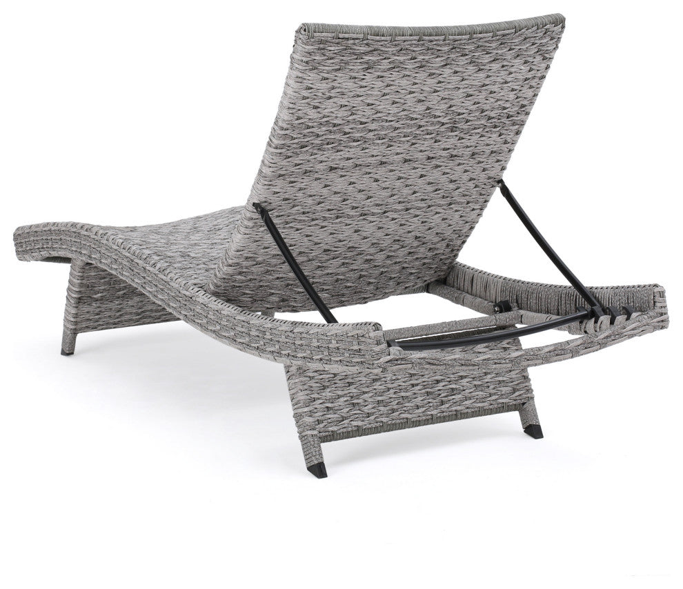 GDF Studio Crystal Outdoor Gray Wicker Chaise Lounge and Table, Set of 2