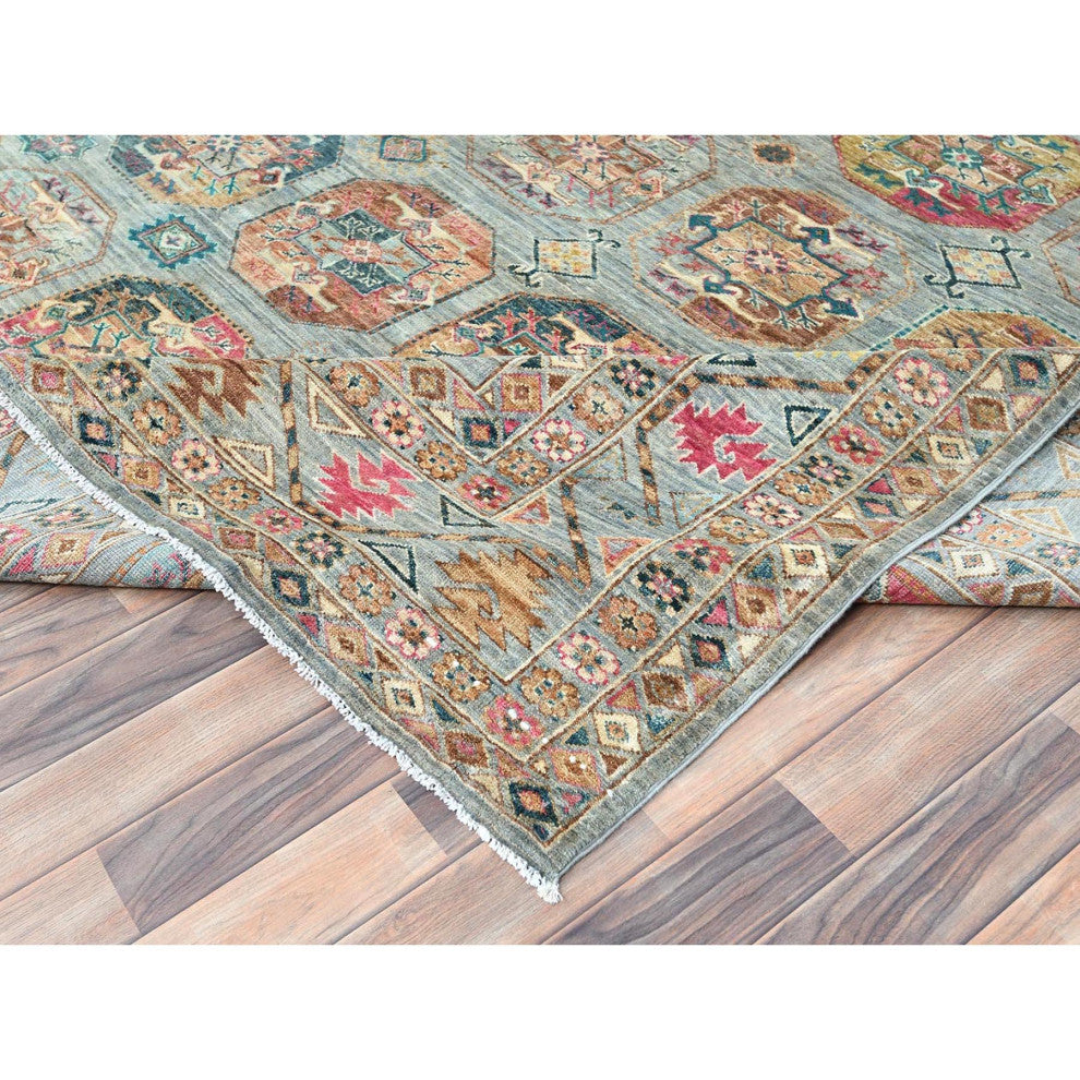 Silver Blue, Afghan Super Kazak Pure Wool Hand Knotted Rug, 9'9"x14'1"