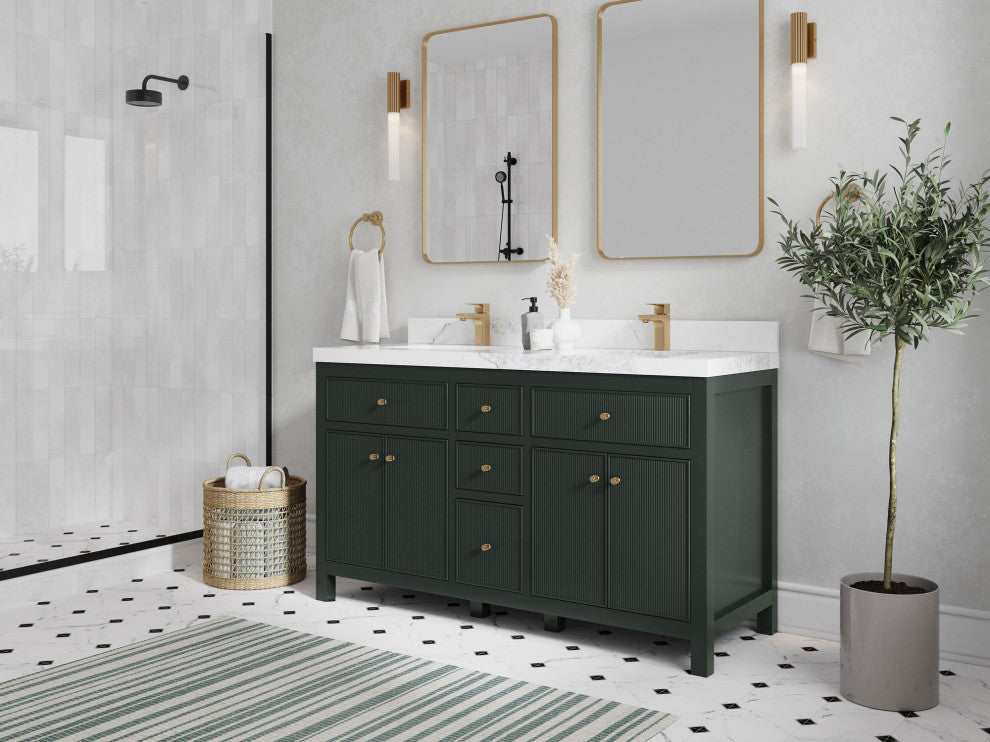 Sonoma 60 Double Bathroom Vanity in Dark Forest Green with 2" Carrara Marble