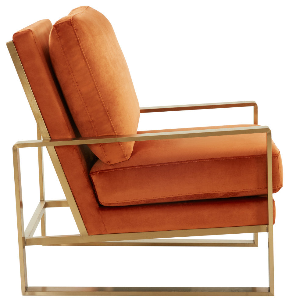 LeisureMod Jefferson Velvet Accent Armchair With Gold Frame, Orange Marmalade