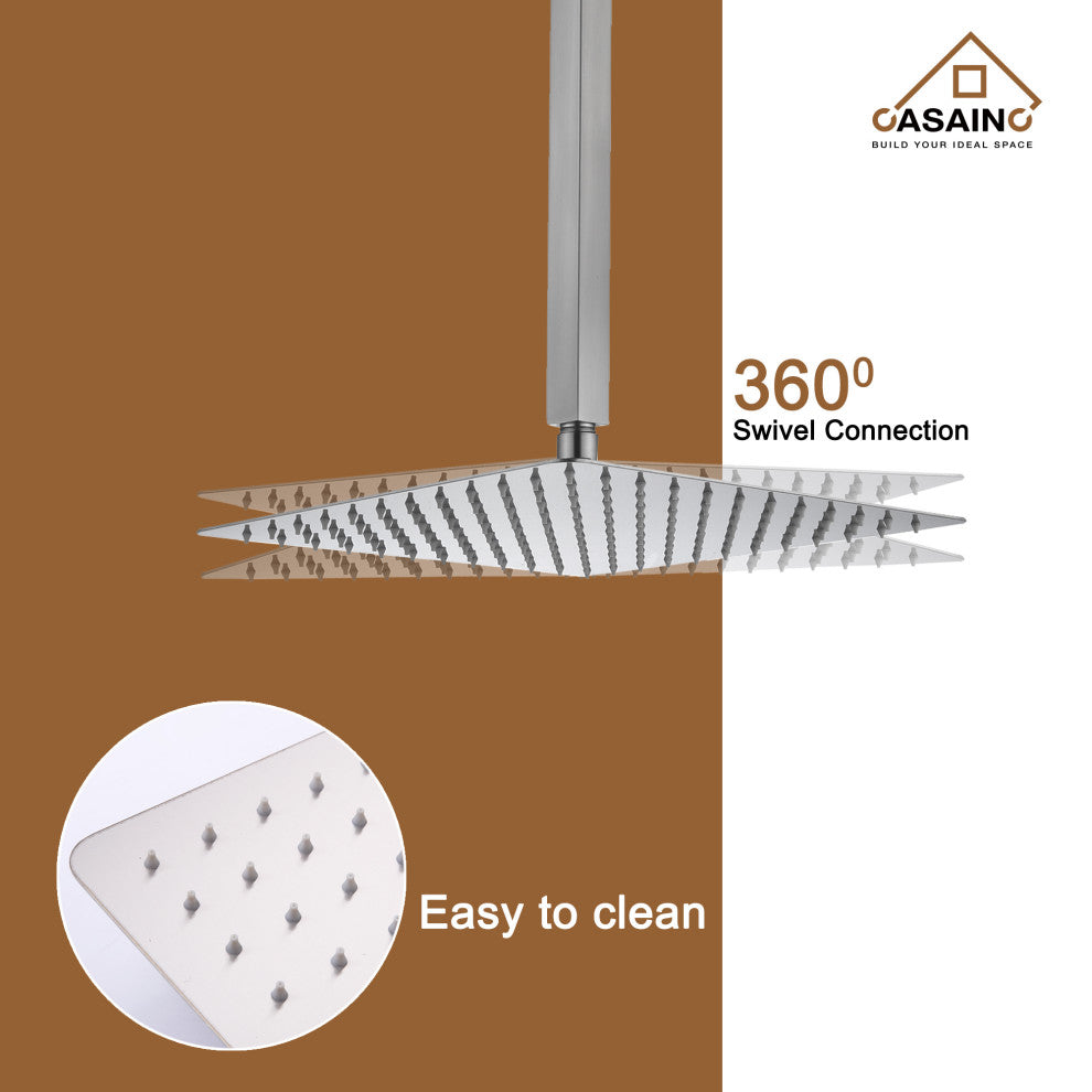 CASAINC 12" Ceiling Mounted Modern Waterfall Shower System Set, Brushed Nickel