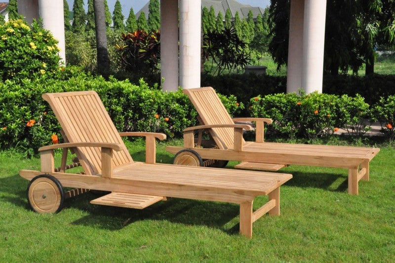Teak Outdoor Patio Sack Chaise Lounger With Side Tray & Wheels, Set of 2