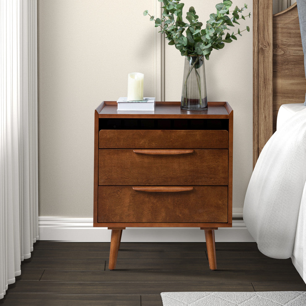 Mid-Century Modern 3-Drawer Nightstand With Charging Station, Walnut