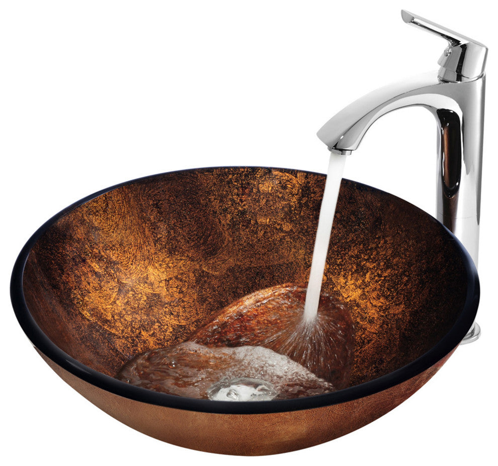 VIGO Brown and Gold Fusion Glass Vessel Sink and Faucet Set, Chrome