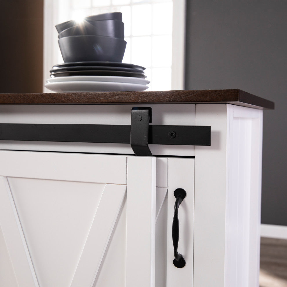 Lenton Barn-Door Kitchen Island, Dark Brown and White