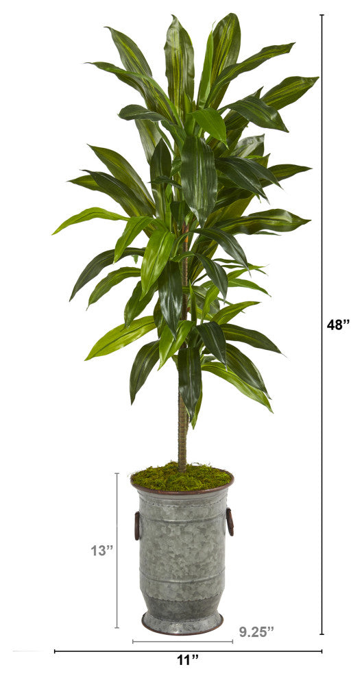 4' Dracaena Artificial Plant, Vintage Metal Planter, Real Touch