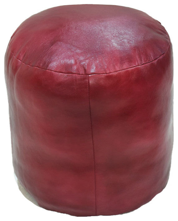 Pouf-Solid Handmade Leather Pouf (Recycled Foam with Fiber Fill), Dark Pink, {Round}16x16x16
