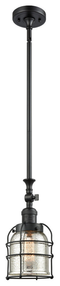 1-Light Small Bell Cage 8" Mini Pendant, Matte Black, Glass: Silver Mercury