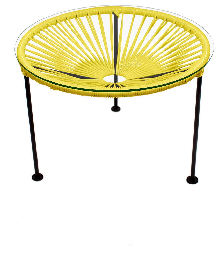 Zicatela Indoor/Outdoor Handmade Side Table, Yellow Weave, Black Frame