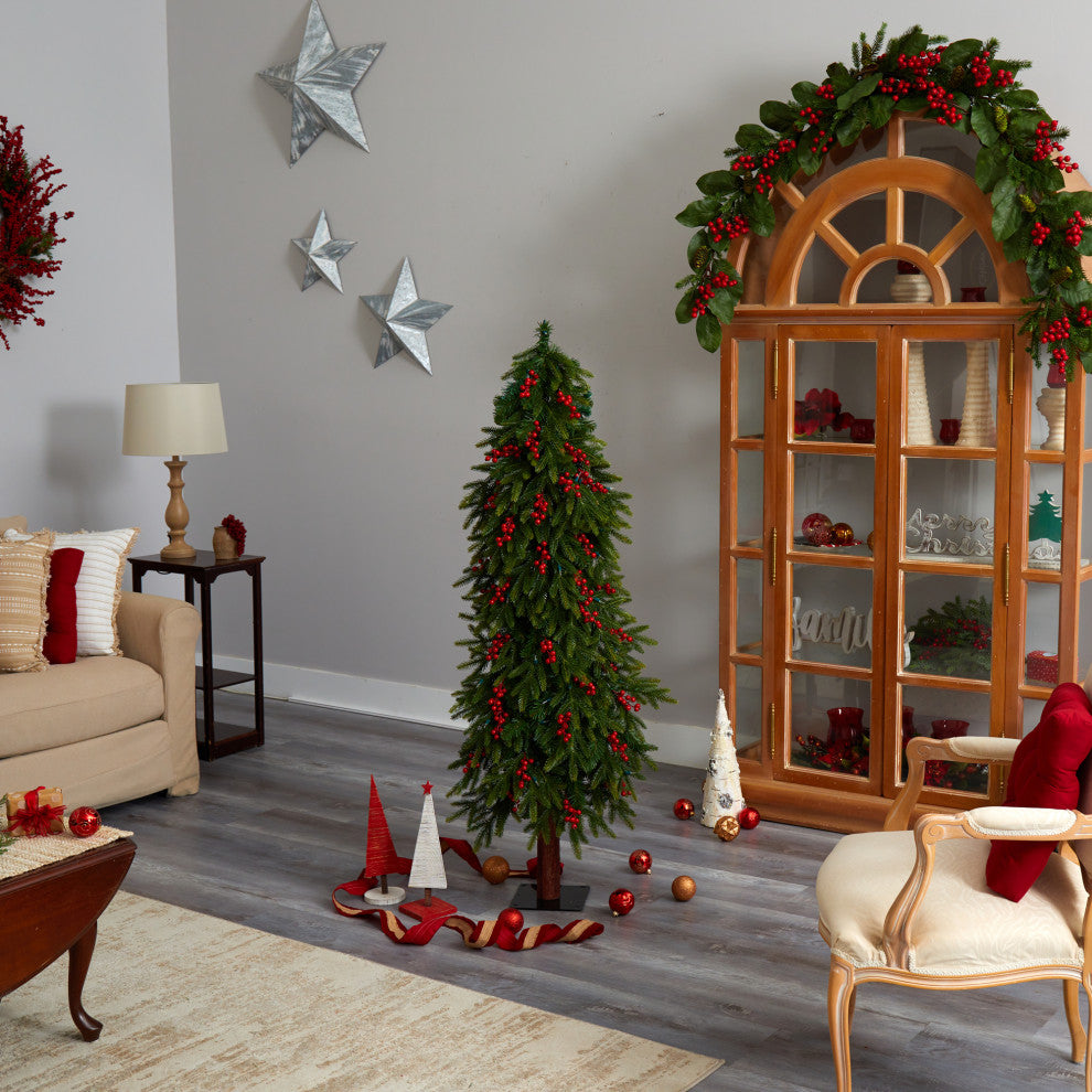 5' Victoria Fir Faux Xmas Tree W/200 Multi-Color, Multifunction Lights, Berries