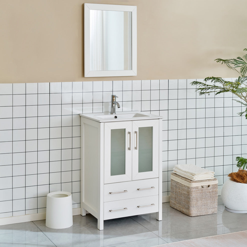 Vanity Art Vanity Set With Ceramic Top, 24", White, Standard Mirror