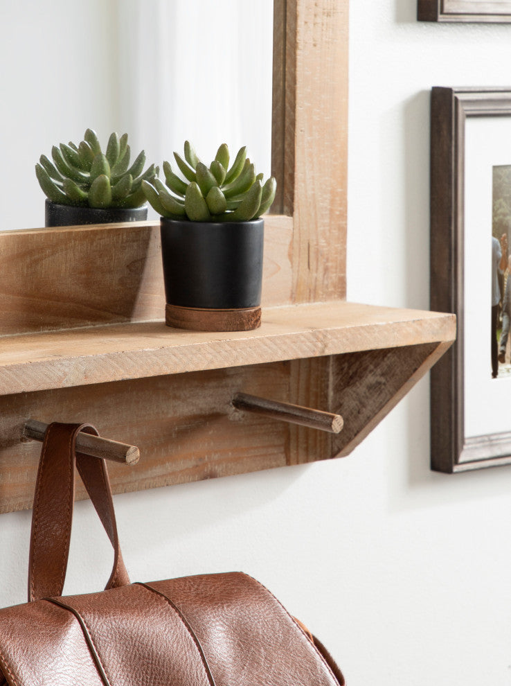 Cates Framed Wall Mirror with Shelf and Hooks, Rustic Brown 42x27