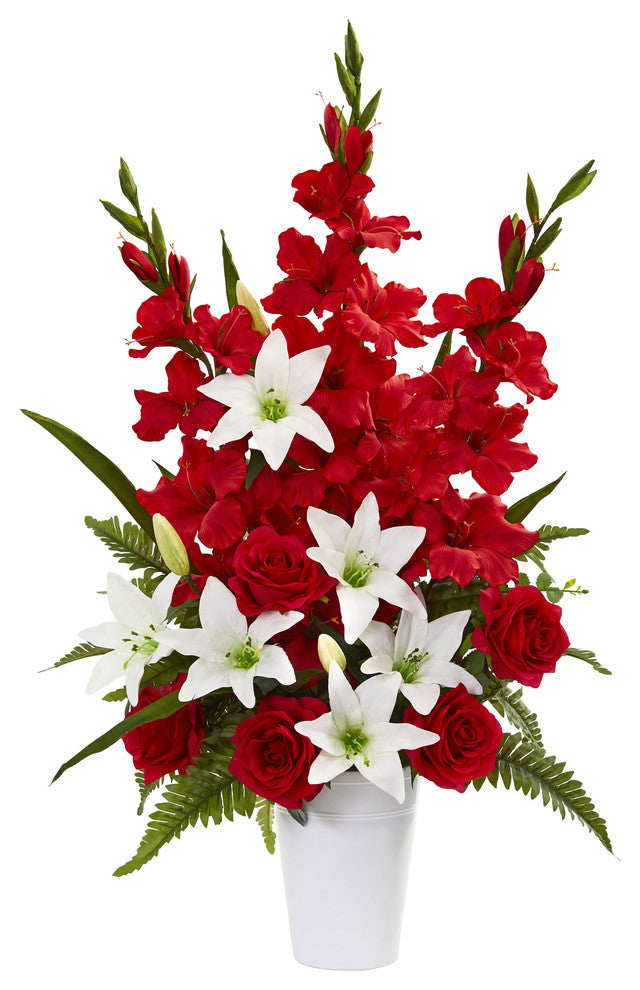 Nearly Natural Mixed Flowers Artificial Arrangement in White Vase Red