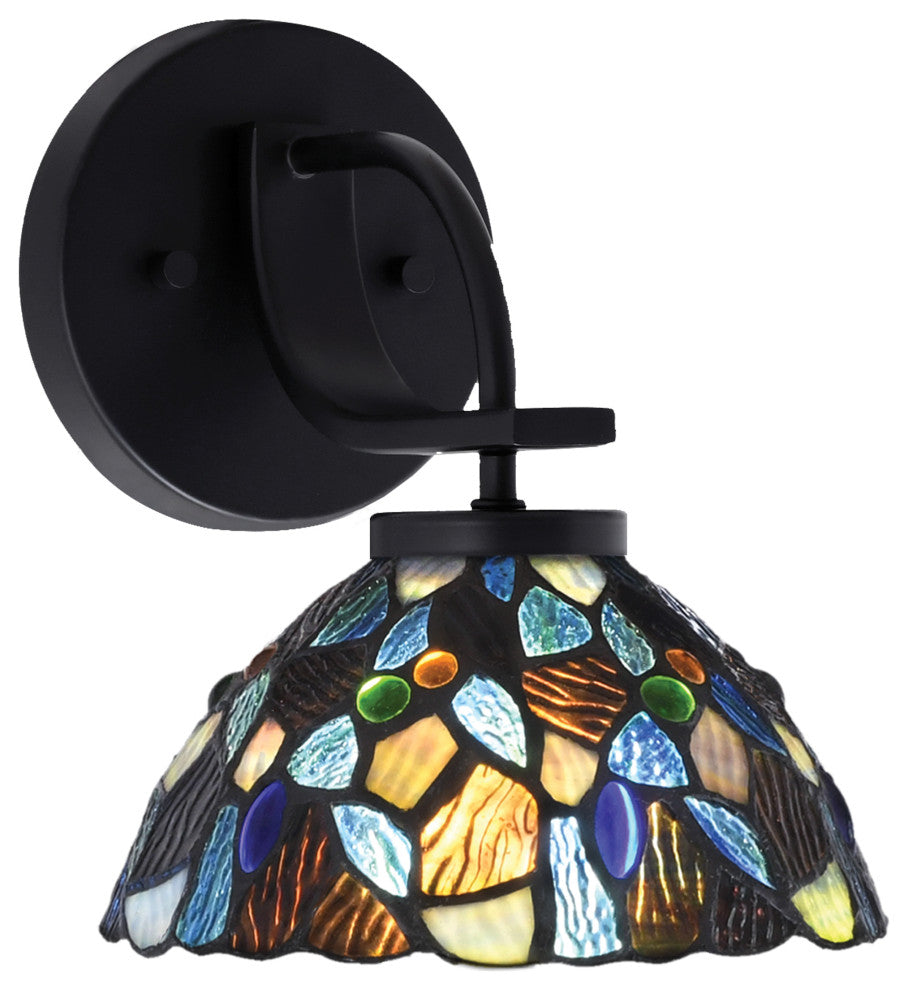 Cavella 1 Light Wall Sconce, Matte Black Finish, 7" Blue Mosaic Art Glass