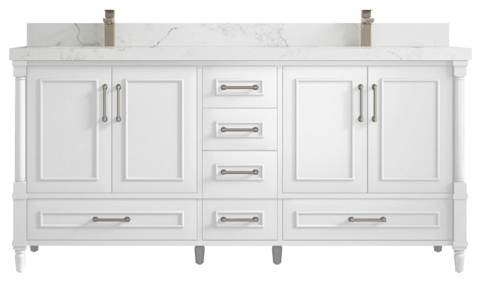 Aberdeen 72 Double Sink Bath Vanity in White 2" Calacatta Nuvo