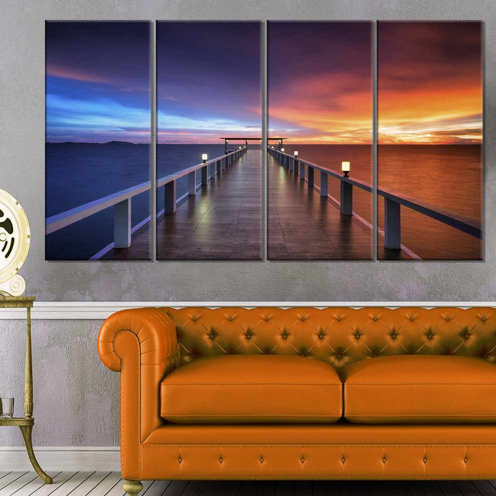 "Picturesque Seashore With Long Pier" Sea Pier Wall Art, 4 Panels, 48"x28"