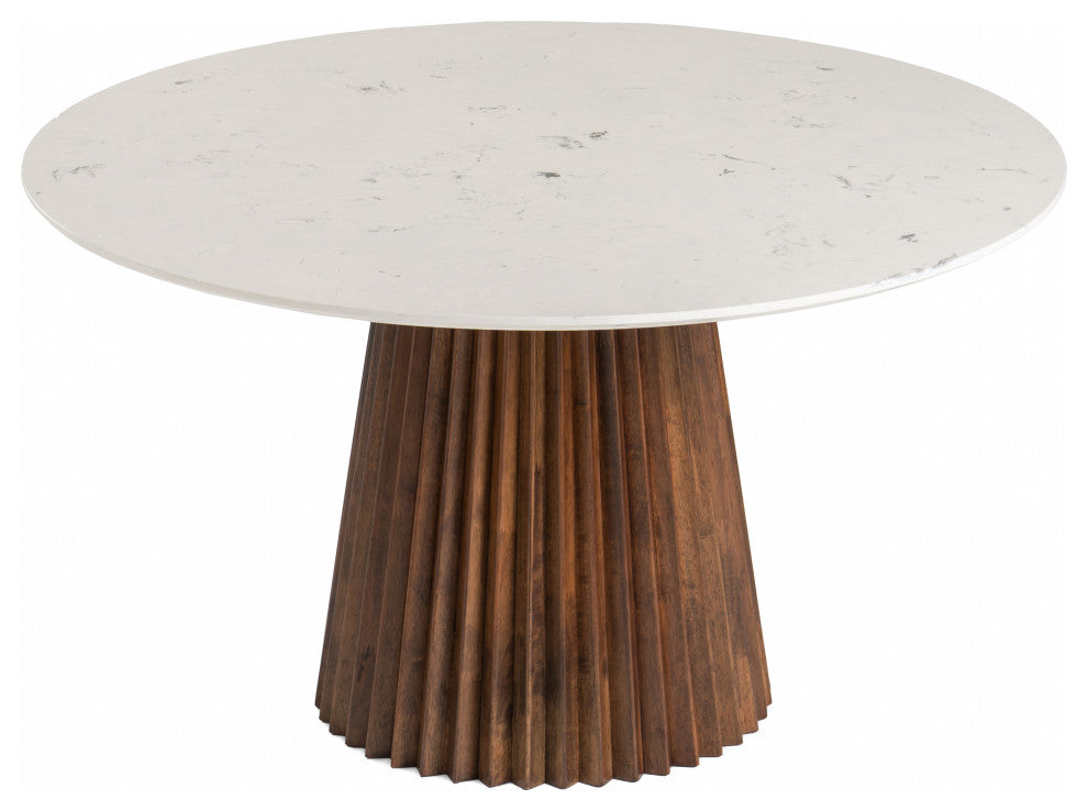 Modrest Nancy Mid-Century Modern White Marble + Walnut Round Dining Table