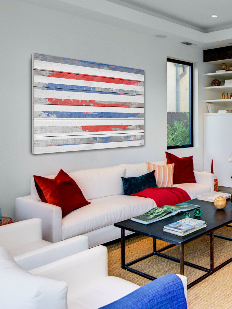 "Striped America" Print on White Wood, 36"x24"