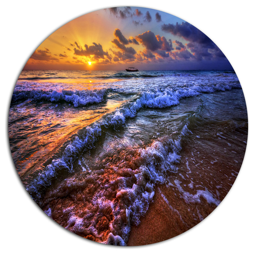 Sunset Over Blue Tinged Waves, Seashore Round Metal Wall Art, 23"