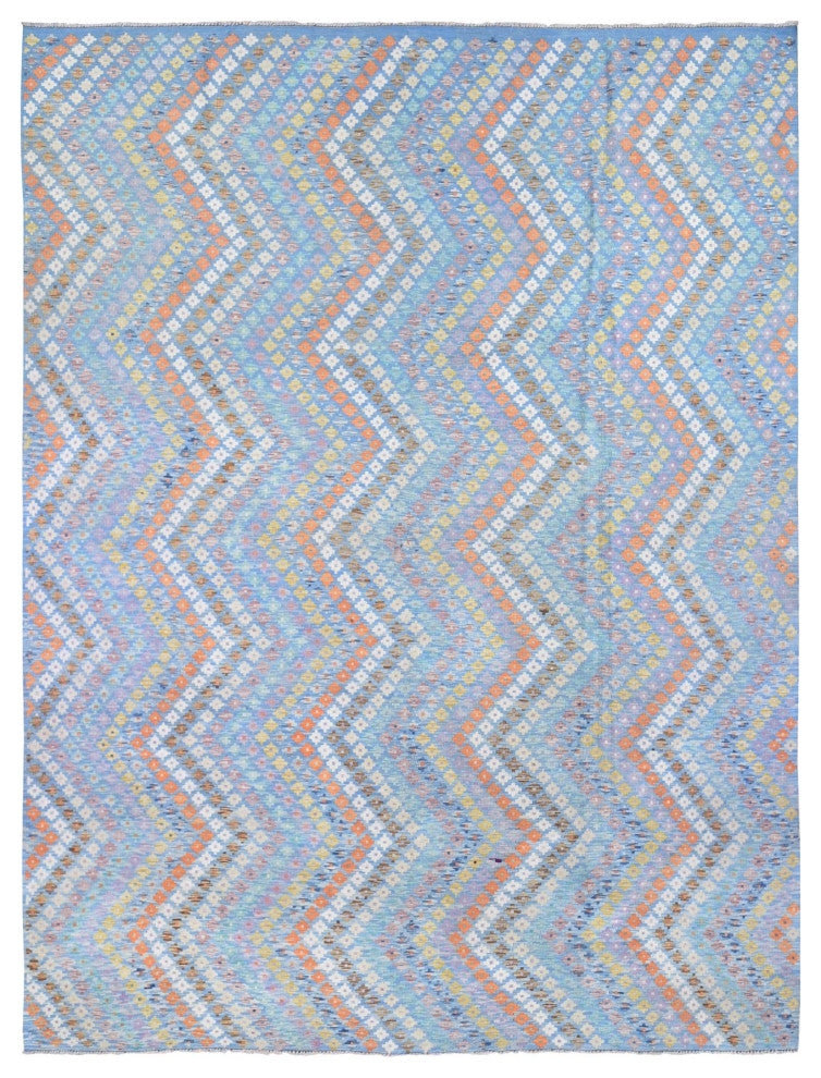 Light Blue Afghan Kilim with Geometric Design Hand Knotted Wool Rug 10'3"x13'3"