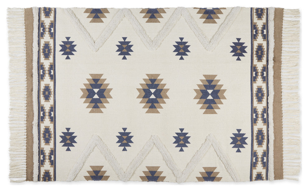 Stone And Blue Printed Off-White Hand-Loomed Shag Rug 4x6 ft.