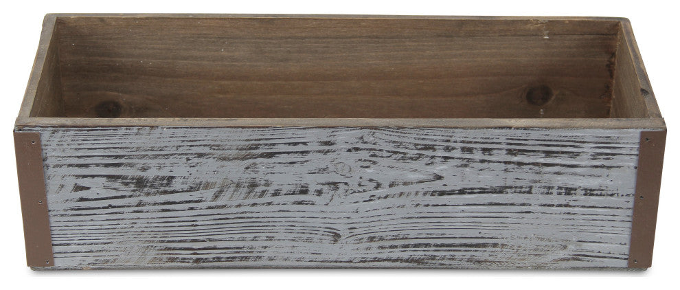 Gray Wash Wooden Rectangular Planter With Metal Corner Accents