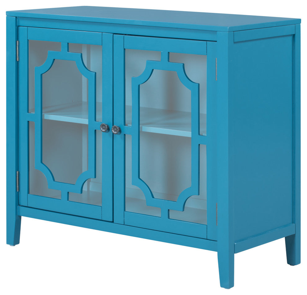 Wood Double Glass Door Accent Cabinet, Blue, 34" X 15"