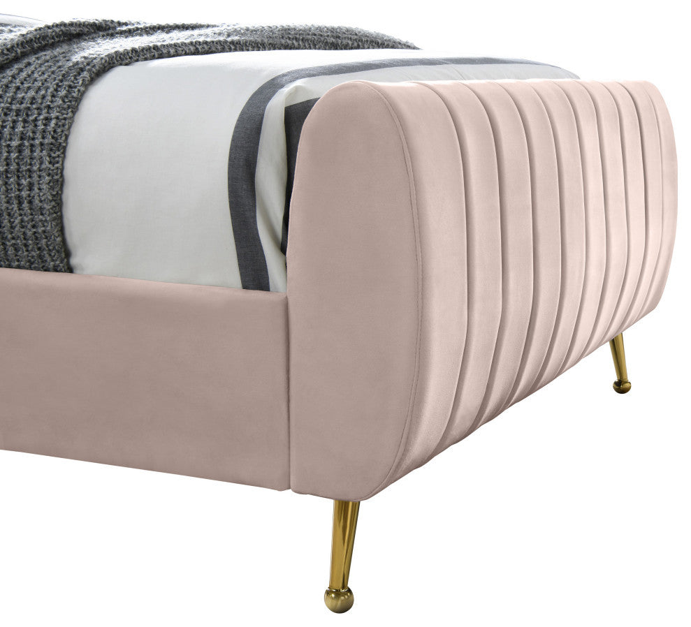 Zara Channel Tufted Velvet Upholstered Bed With Custom Gold Legs, Pink, Full