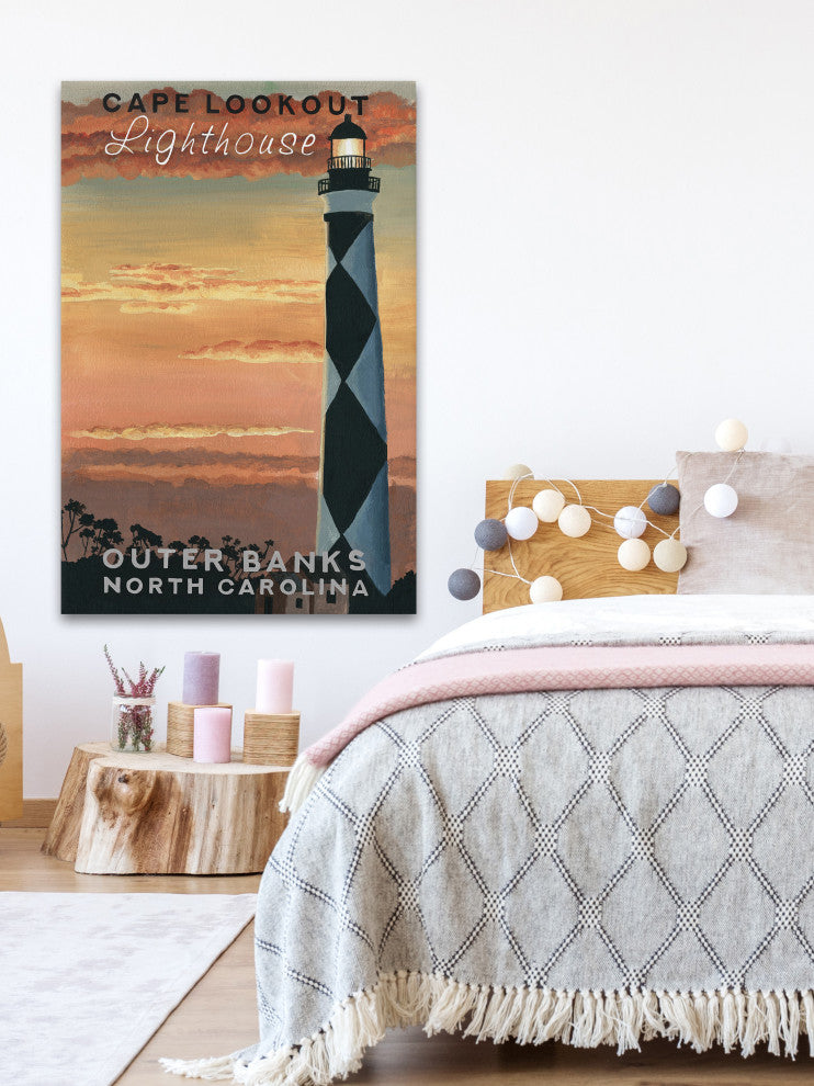 "Sunset at Lighthouse" Painting Print on Wrapped Canvas, 30x45