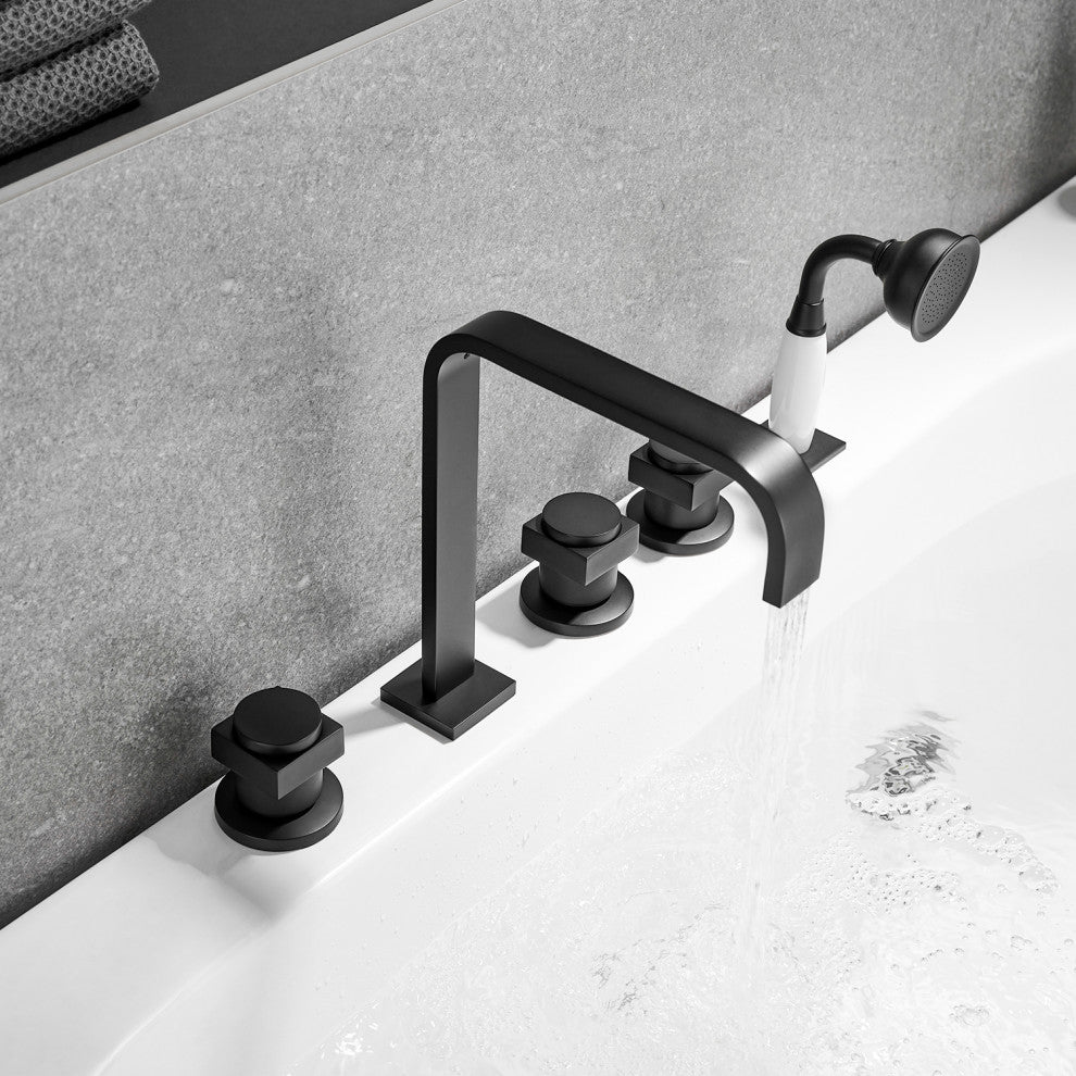 Vikran Triple Handle Deck-Mount Roman Tub Faucet Trim With Handshower, Matte Black