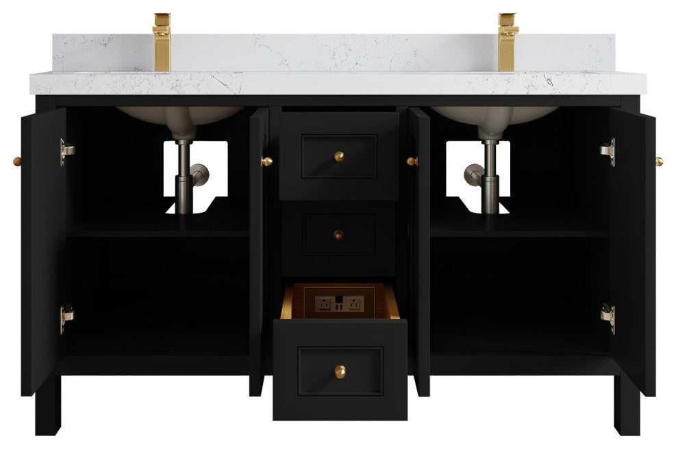 Nashville 60" Double Bathroom Vanity, Black 2" Empira Quartz