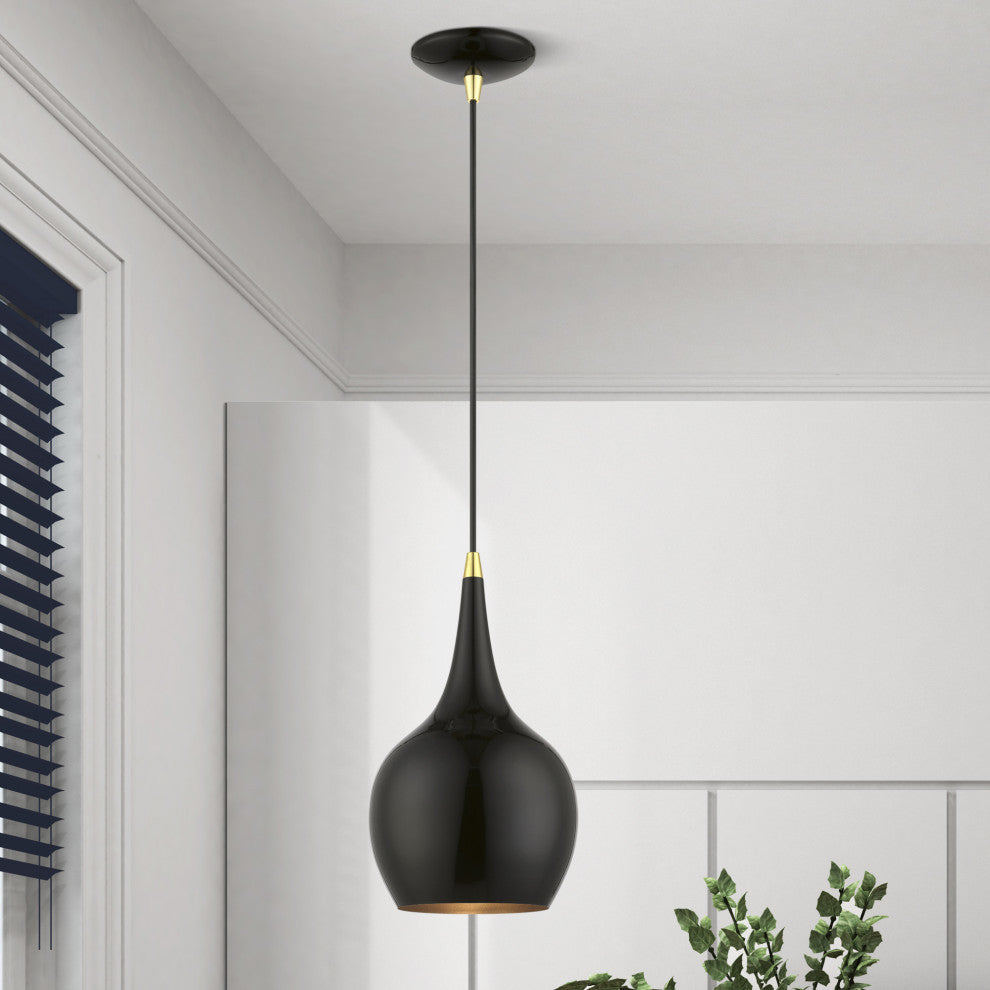 Andes 1 Light Shiny Black With Polished Brass Accents Mini Pendant