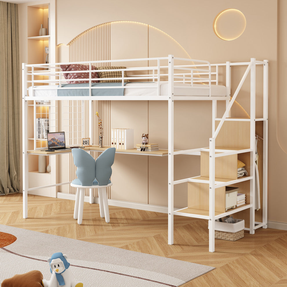 Gewnee Twin Loft Bed with Desk and Storage Wardrobe