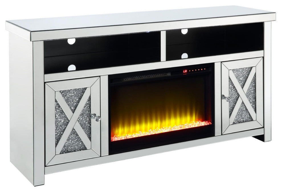 Benzara BM269586 TV Stand, Electric Fireplace & Beveled Mirror Framing, Silver