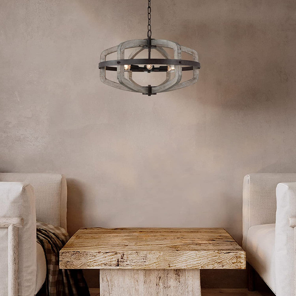 6 Light Wood Farmhouse Chandelier Rust Cage Vintage Pendant Hanging Light