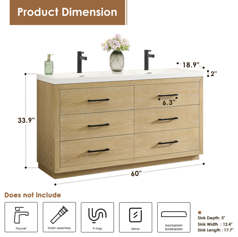 Sigrid Bathroom Vanity, White Oak, 60", No Mirror