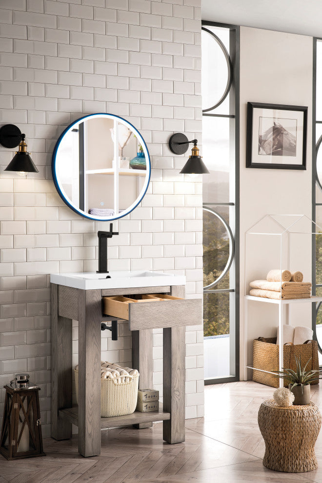 Brooklyn 24" Wooden Sink Console, Platinum Ash, White Glossy Resin Countertop