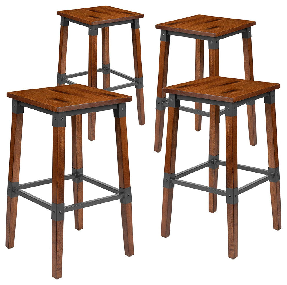 Set of 4 Industrial Bar Stool, Backless Design With Wooden Seat, Antique Walnut