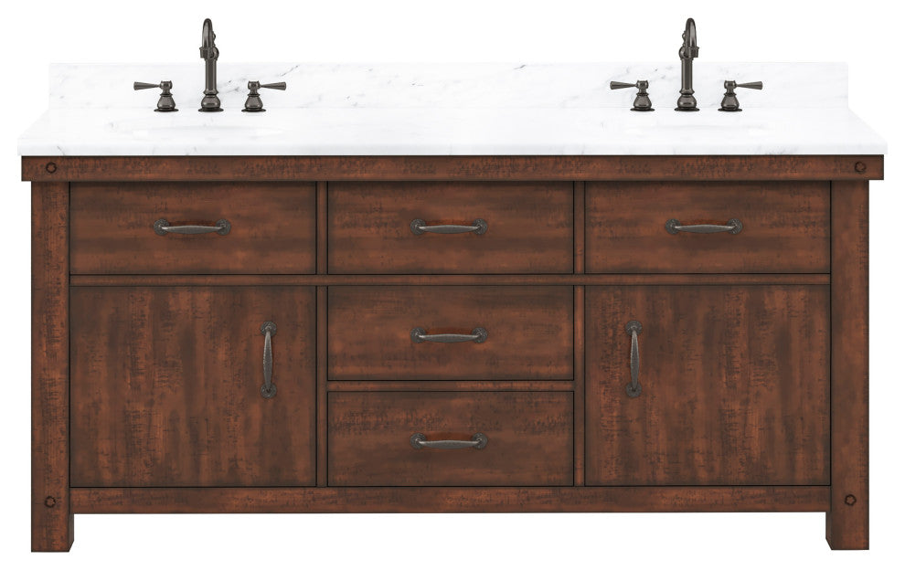 Aberdeen Vanity With Hook Faucet, Rustic Sierra, 72", Carrara Marble Top