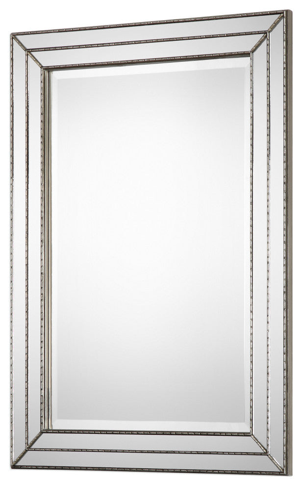 Metallic Silver Finish Featuring Grooved Texture And Mirror Inlays. Mirror