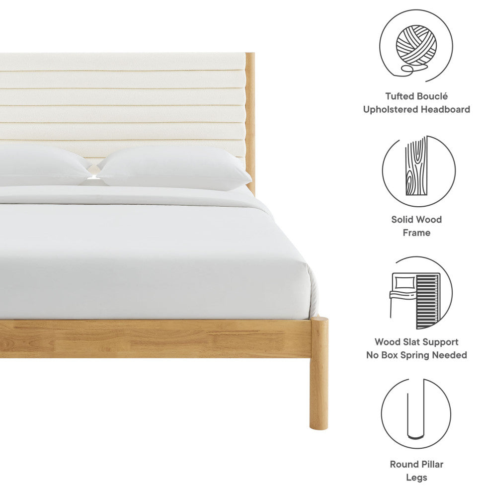 Olea Channel Tufted Boucle Solid Wood Queen Platform Bed, Feather Oak