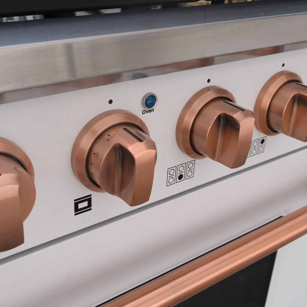 36" Slide-in Freestanding Gas Range & 5.2 Cu. Ft. Oven, 6 Burners. White, White & Copper, 36"