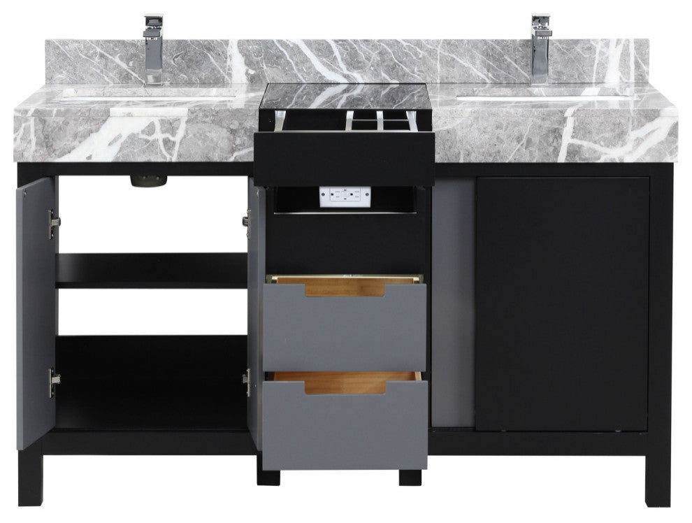 55" Double Vanity, Marble Tops, White Square Sinks, And Monte Chrome Faucet Set